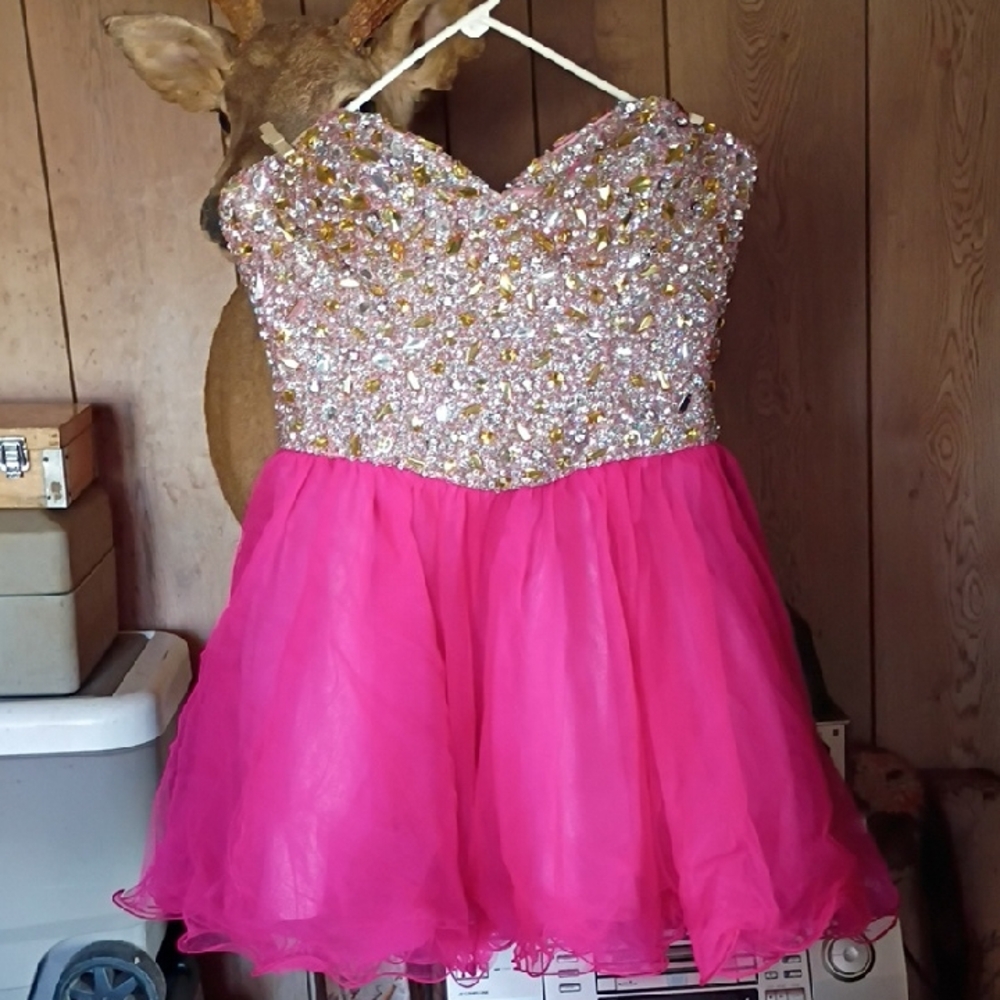 Terani Couture Pink Sequin & Gold Beaded Tulle Party Dress